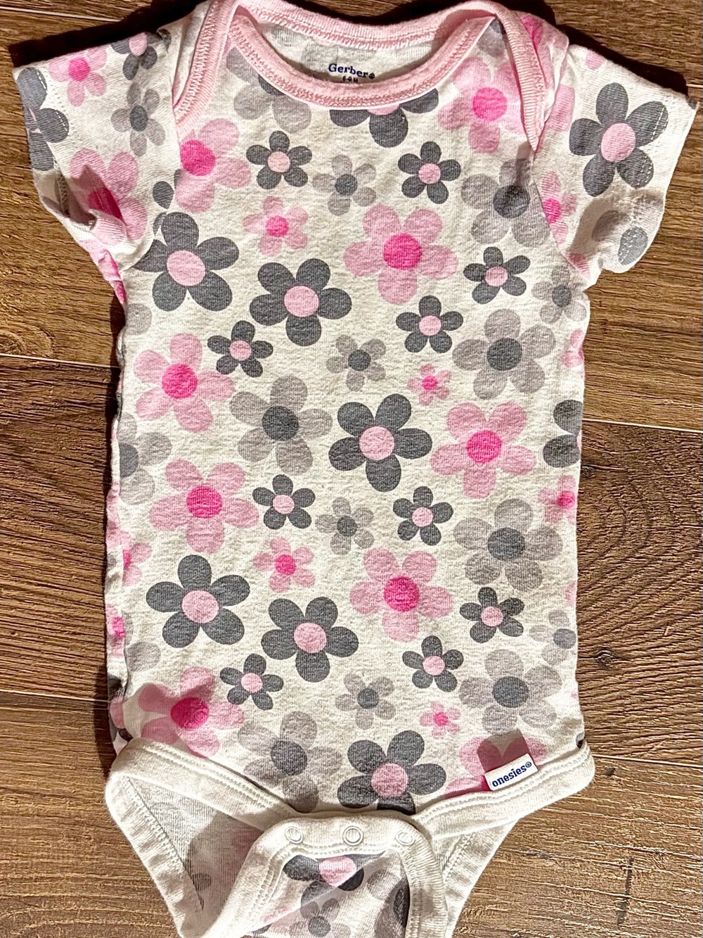 Gerber White Onesie with Pink and Gray Floral Pattern